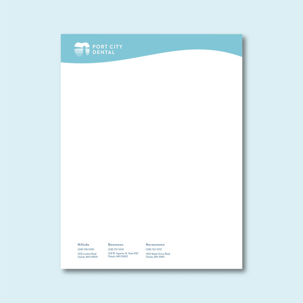Port City Dental brand design, letterhead created by Šek Design Studio
