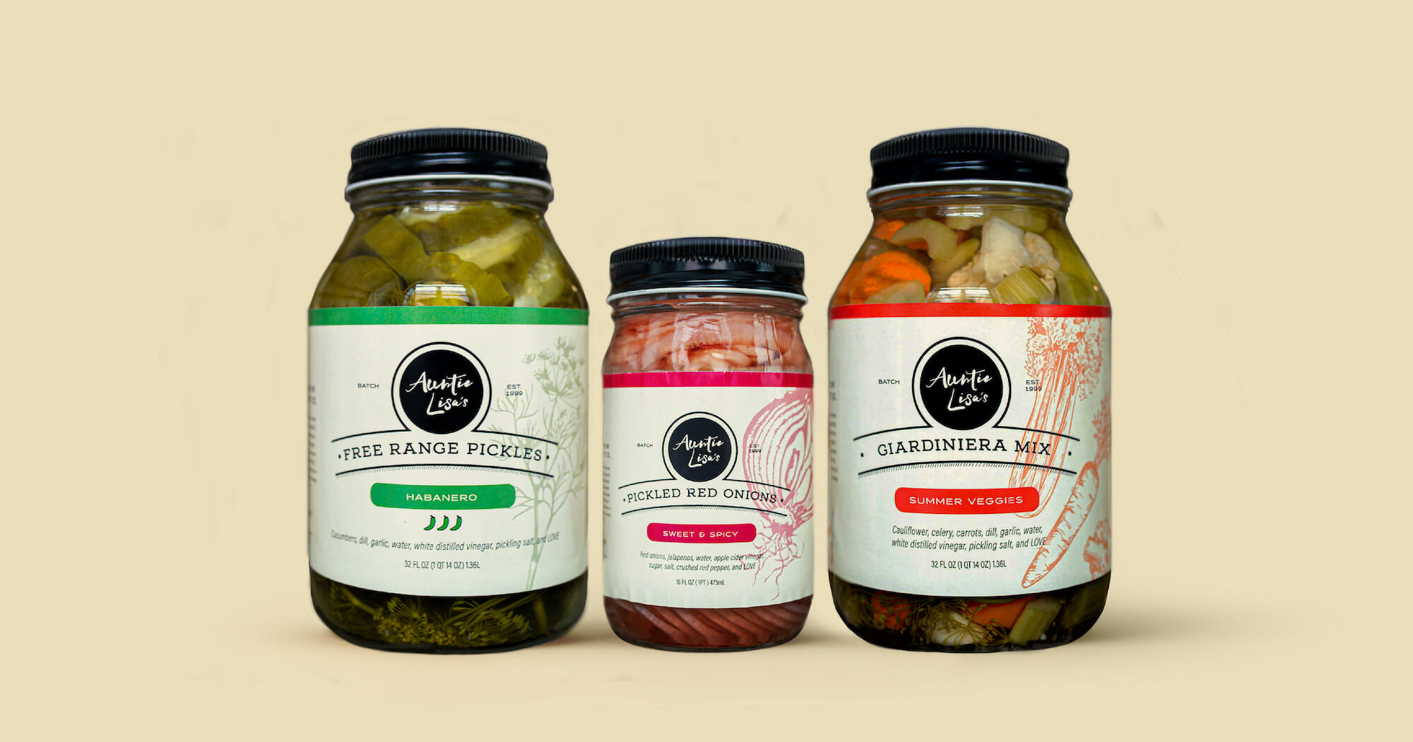 Auntie Lisa's free range pickles, label design created by Šek Design Studio