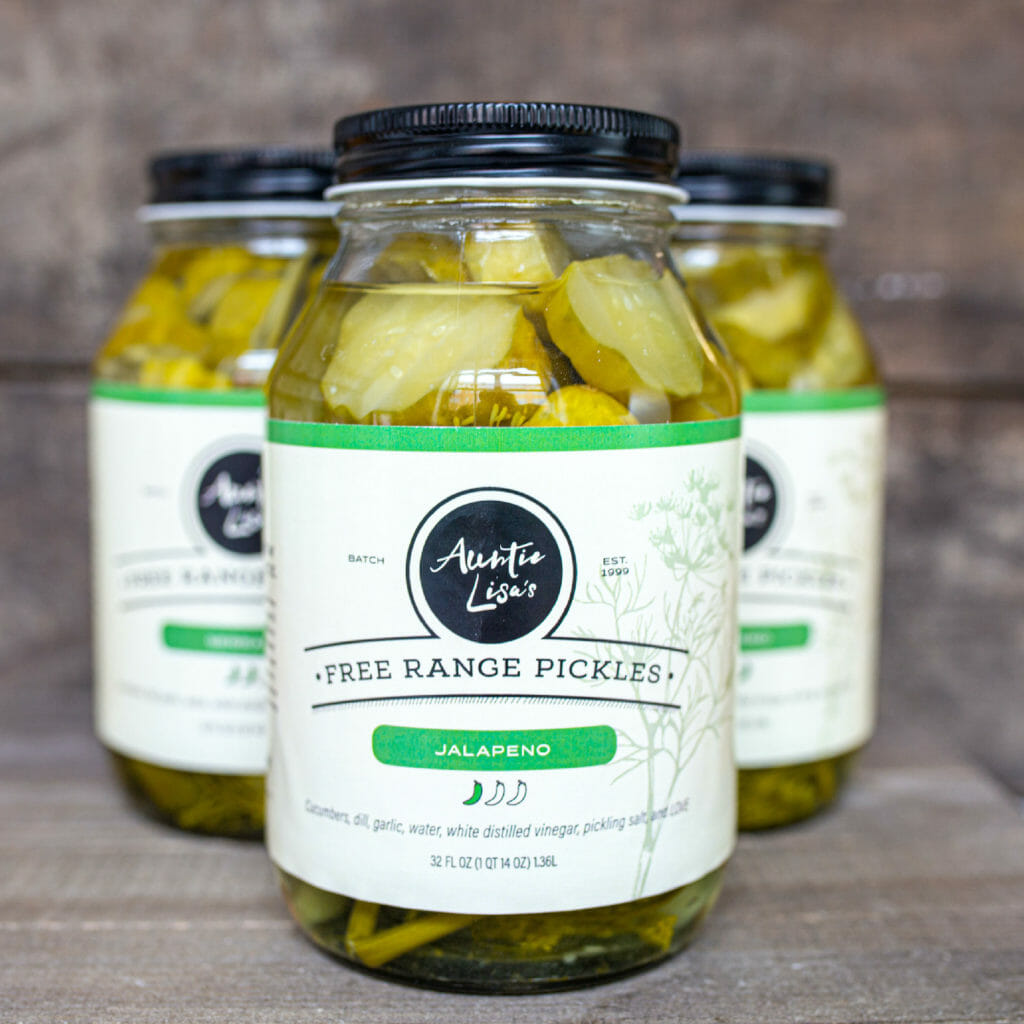 Auntie Lisa's free range jalapeno pickles, label design created by Šek Design Studio