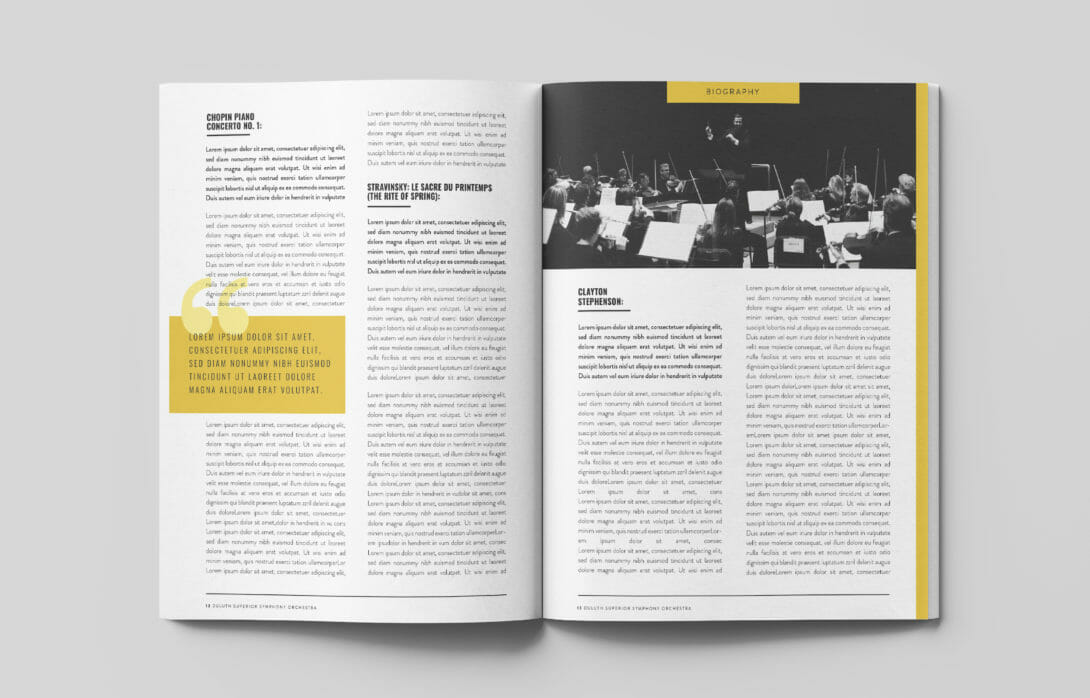 Duluth Superior Symphony Orchestra, program book masterwork feature design and layout, created by Šek Design Studio