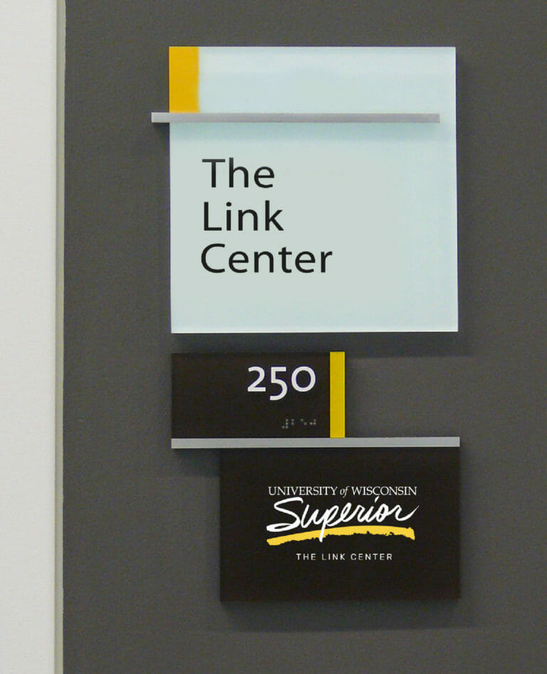 University of Wisconsin-Superior Link Center door sign, repositioning branding by Šek Design Studio