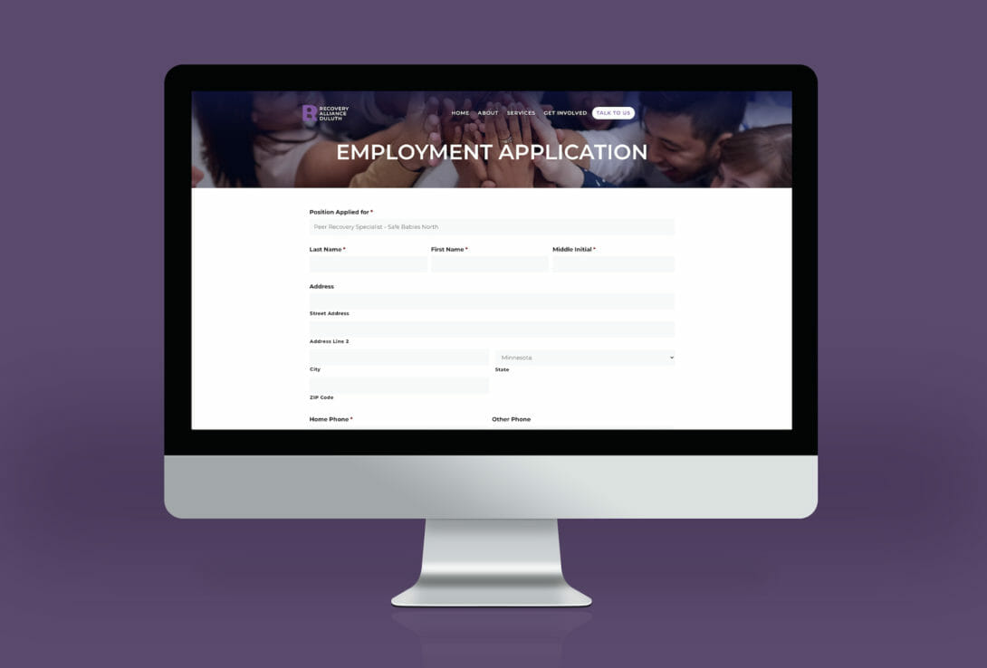 Recovery Alliance Duluth job application website design, created by Šek Design Studio
