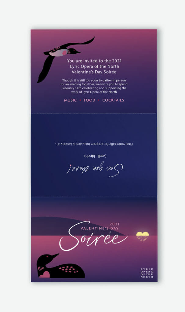 lyric opera of the north 2021 Valentine's Day soirée mailer artwork, created by Šek Design Studio