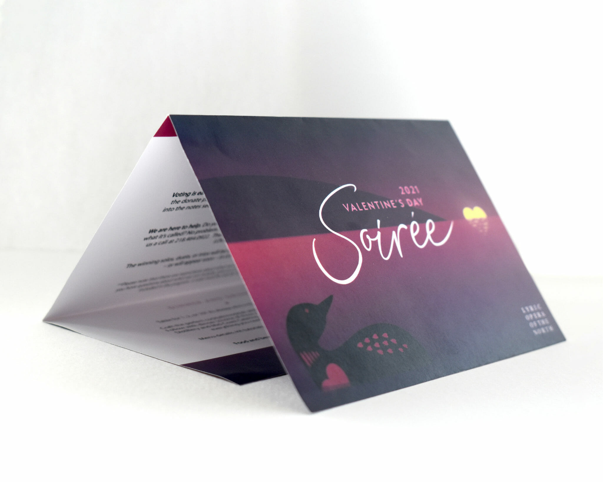 lyric opera of the north 2021 Valentine's Day soirée mailer cover, created by Šek Design Studio