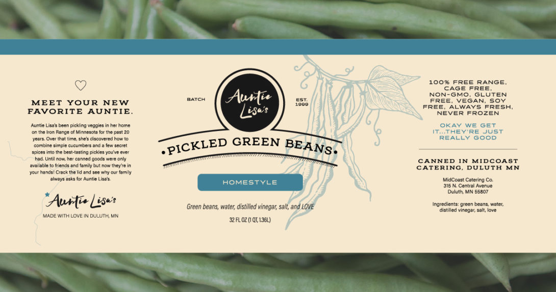 Auntie Lisa's pickled green beans, label design created by Šek Design Studio