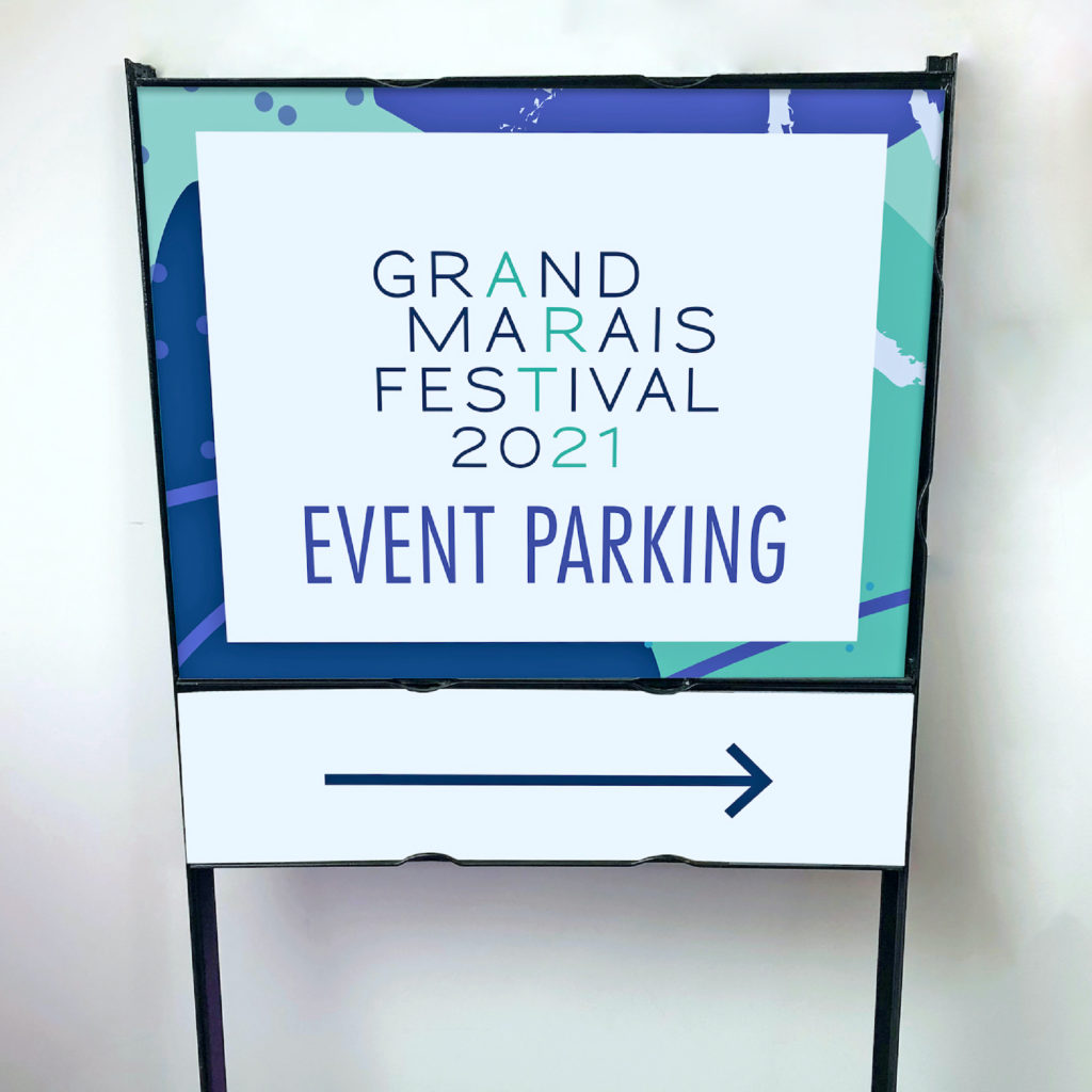 Grand Marais Art Colony 2021 Art Festival event parking signage, created by Šek Design Studio