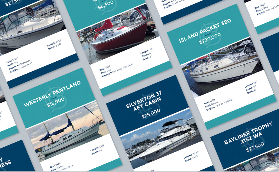 Barker's Island Marina boat listing cards, created by Šek Design Studio