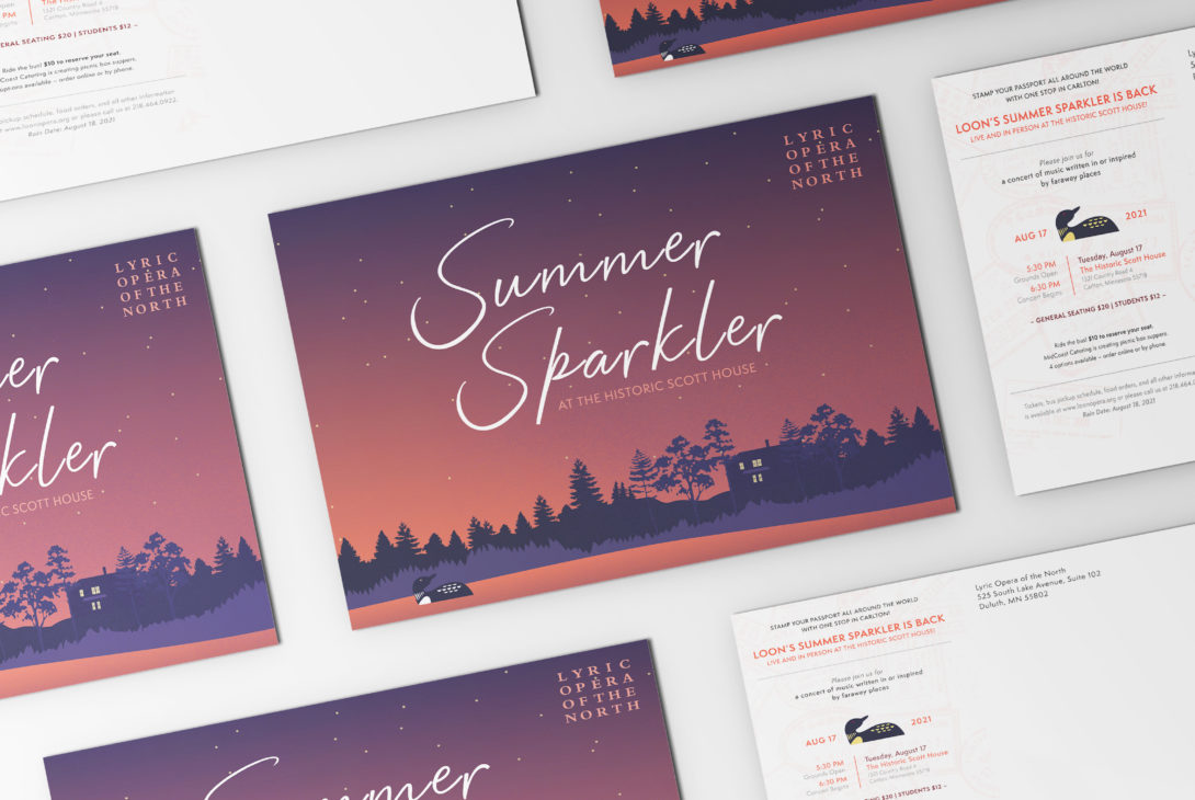 Lyric Opera of the North 2021 Summer Sparkler postcard mailer, created by Šek Design Studio