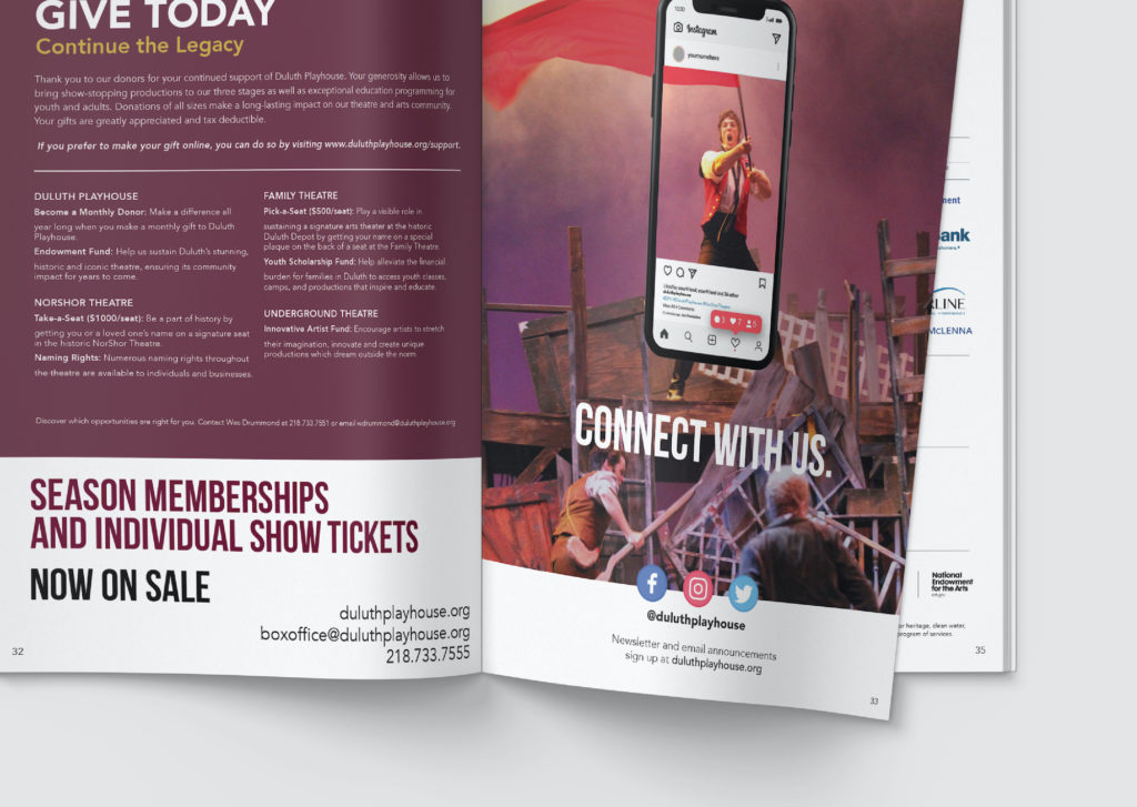 Duluth Playhouse 2021 program donation feature page, created by Šek Design Studio