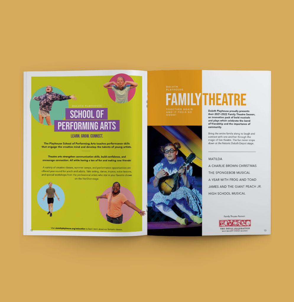 Duluth Playhouse 2021 program book Family Theatre feature page, created by Šek Design Studio