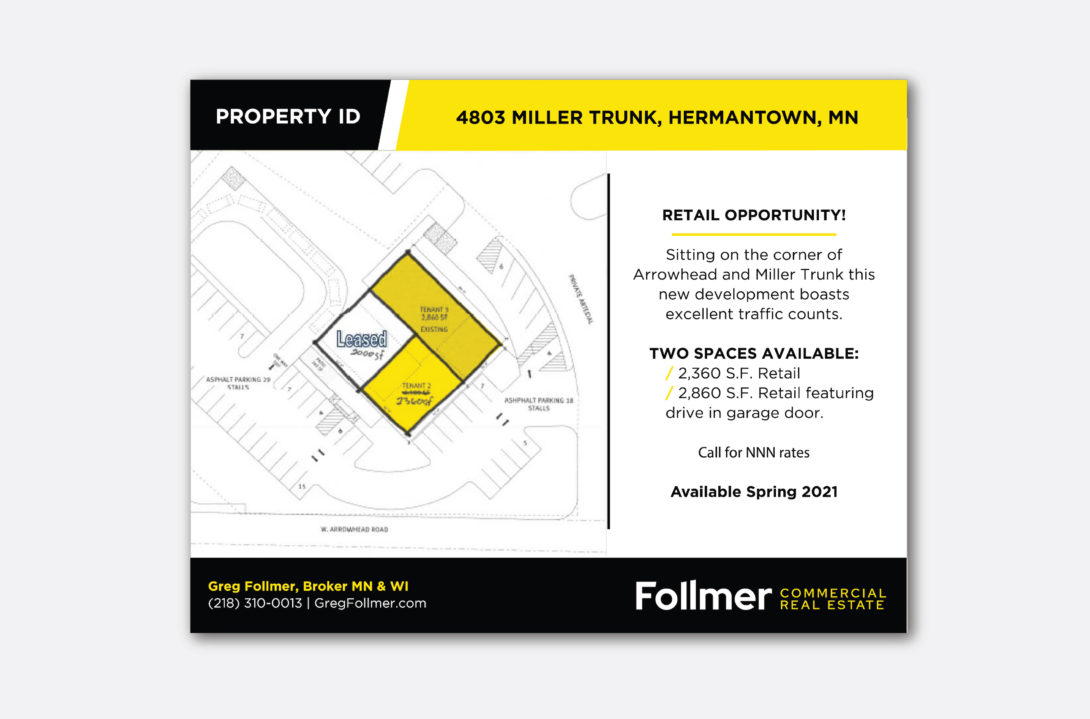 Follmer Commercial Real Estate birds eye property view listing with new logo, created by Šek Design Studio