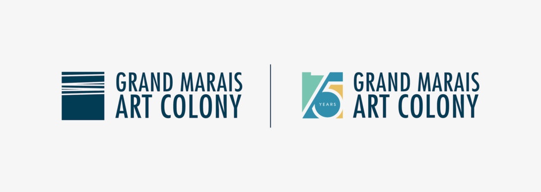 Grand Marais Art Colony 75th anniversary graphic next to original logo, created by Šek Design Studio