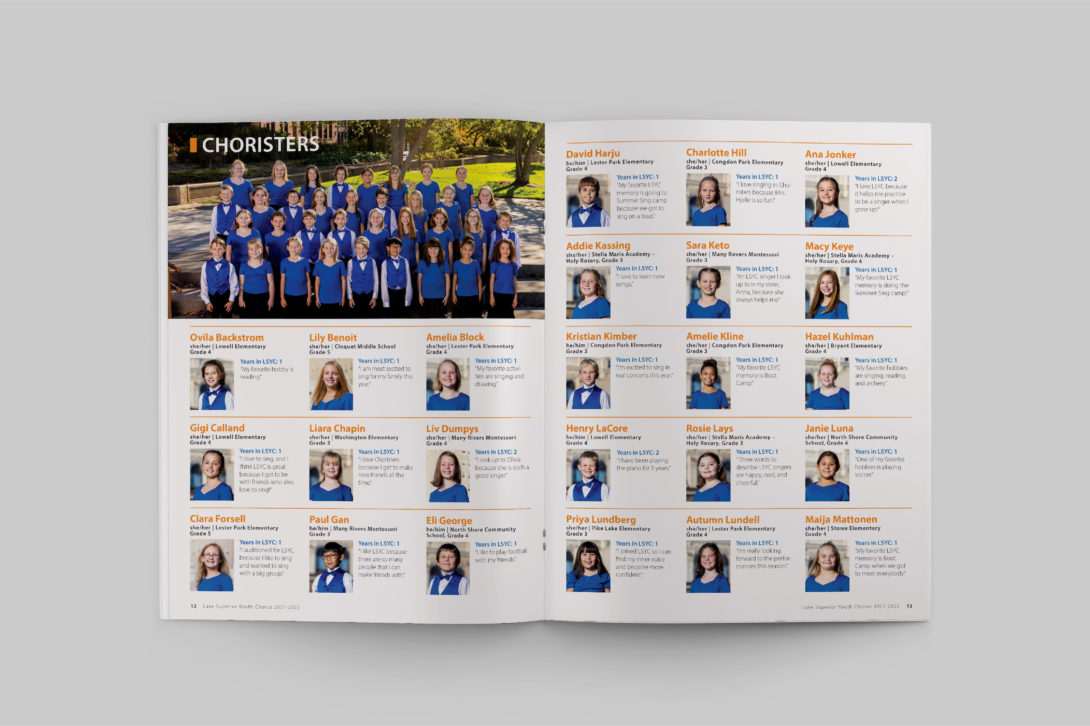 Lake Superior Youth Chorus 2022 program book choir feature page, designed by Šek Design Studio