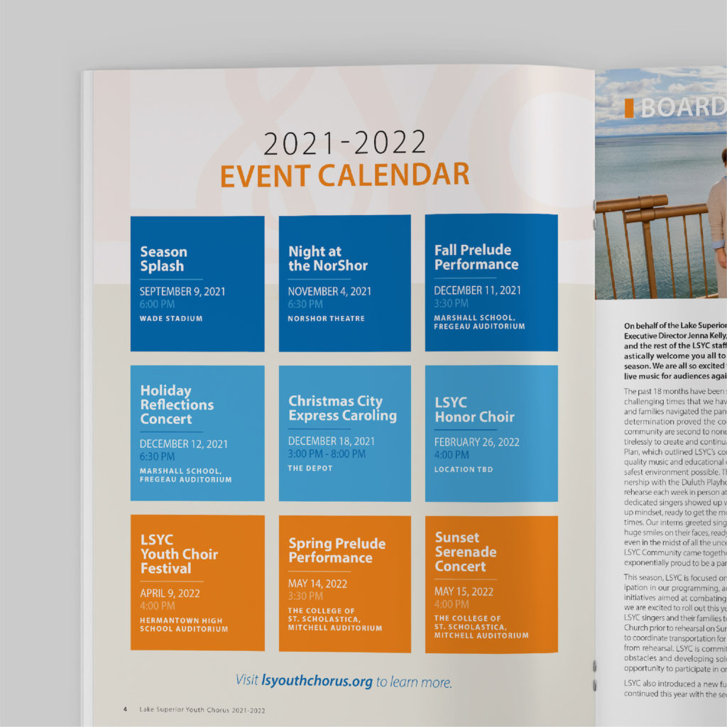 Lake Superior Youth Chorus 2022 program book events page, designed by Šek Design Studio