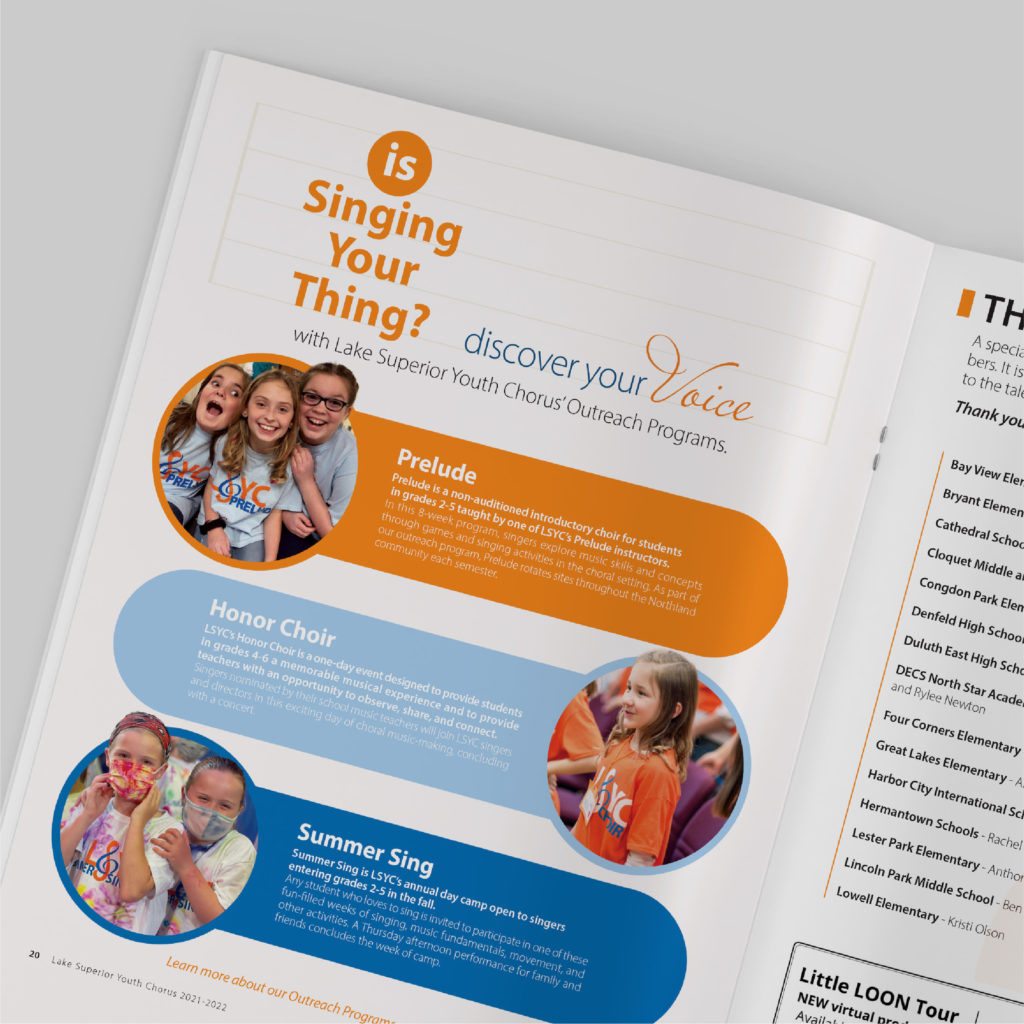 Lake Superior Youth Chorus 2022 program book 'Is Singing Your Thing' page, designed by Šek Design Studio