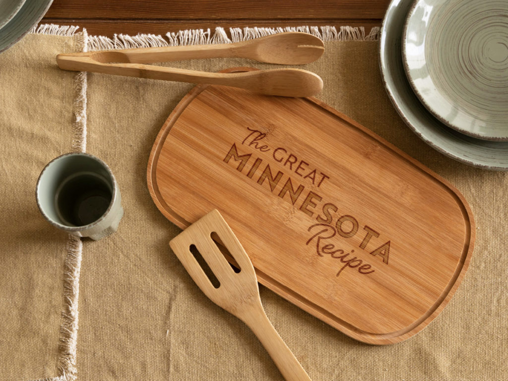 WDSE • WRPT's The Great Minnesota Recipe show branding on a cutting board, created by Šek Design Studio