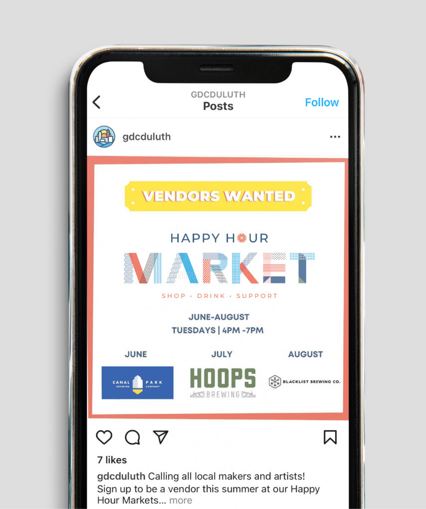 Downtown Duluth Greater Council's Happy Hour Market event branding on mobile, created by Šek Design Studio