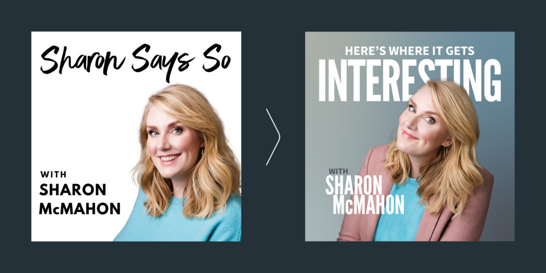 Sharon McMahon podcast rebrand, podcast tile created by Šek Design Studio