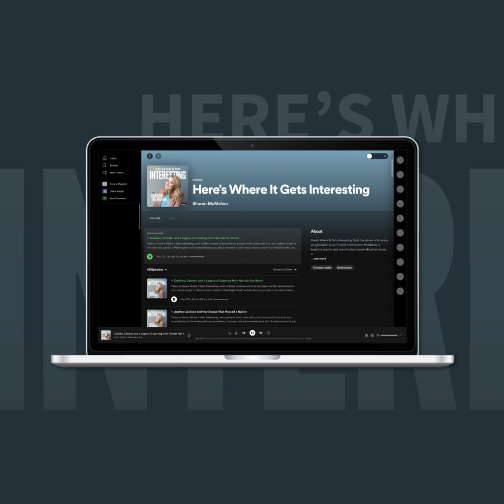 Sharon McMahon Here's Where It Gets Interesting podcast branding episode feed, created by Šek Design Studio