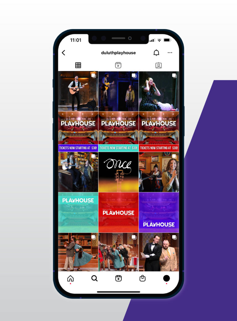 Duluth Playhouse's Instagram feed with theatre rebrand announcement, mock-up by Šek Design Studio