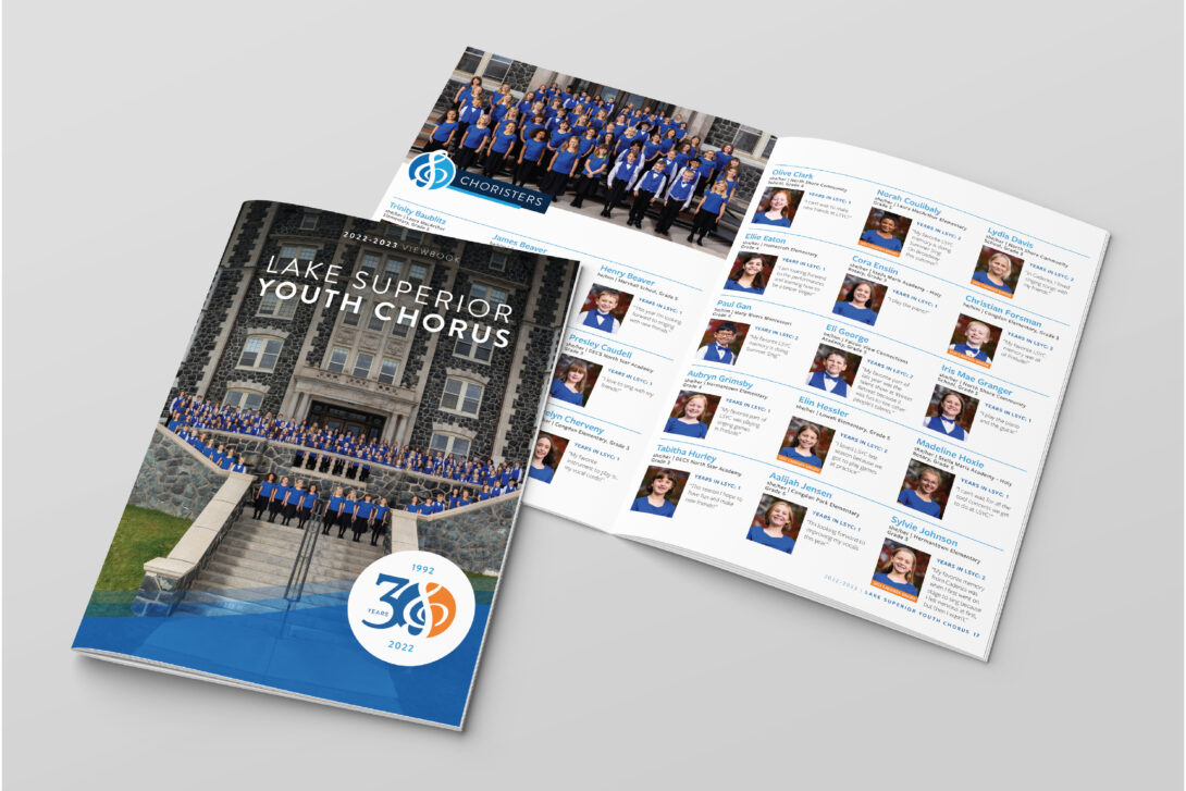 Lake Superior Youth Chorus 2022 season viewbook design, created by Šek Design Studio