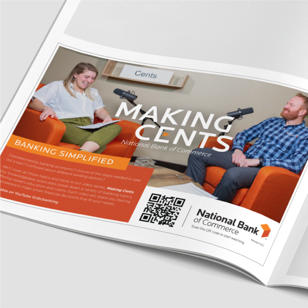Print ad promoting National Bank of Commerce's Making Cent banking education video series, created by Šek Design Studio