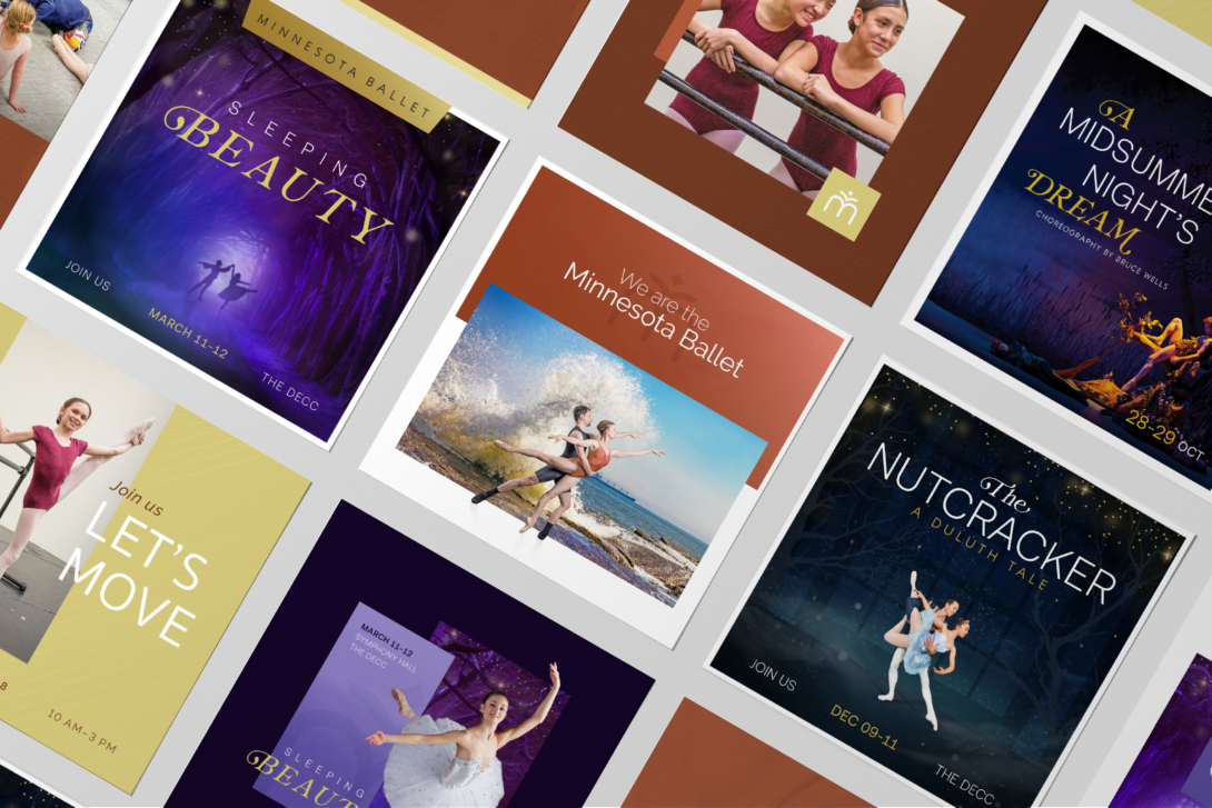 Digital marketing material design for the Minnesota Ballet's various 2022-2023 performances, created by Šek Design Studio