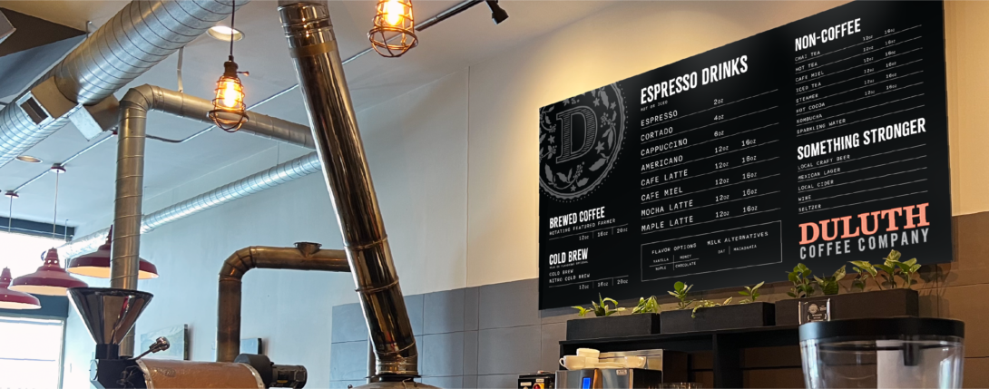 Duluth Coffee Co printed materials large cafe wall menu board design, created by Šek Design Studio
