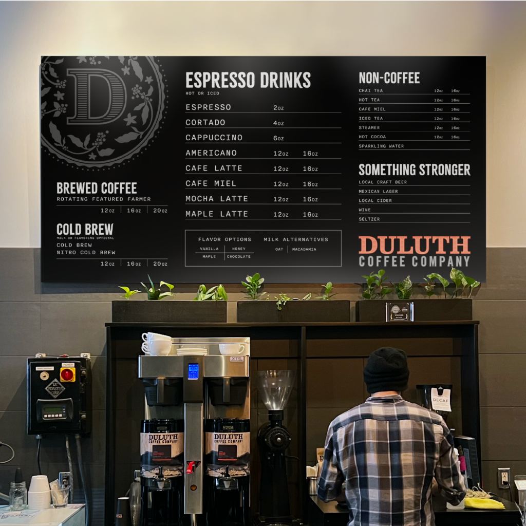 Duluth Coffee Co printed materials large cafe wall menu board design, created by Šek Design Studio