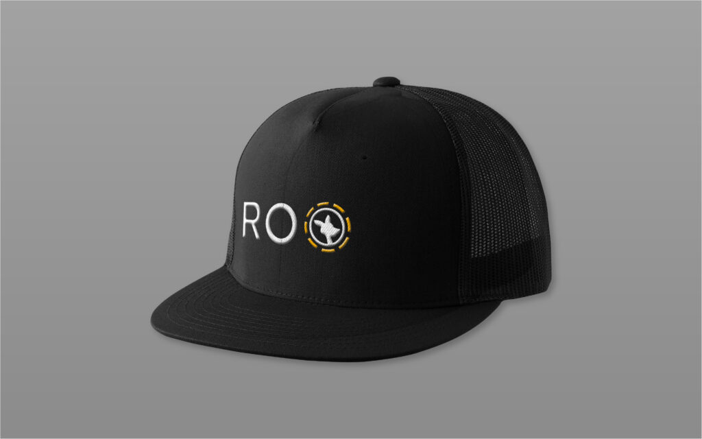 Roobet branded black paneled hat, designed by Šek Design Studio