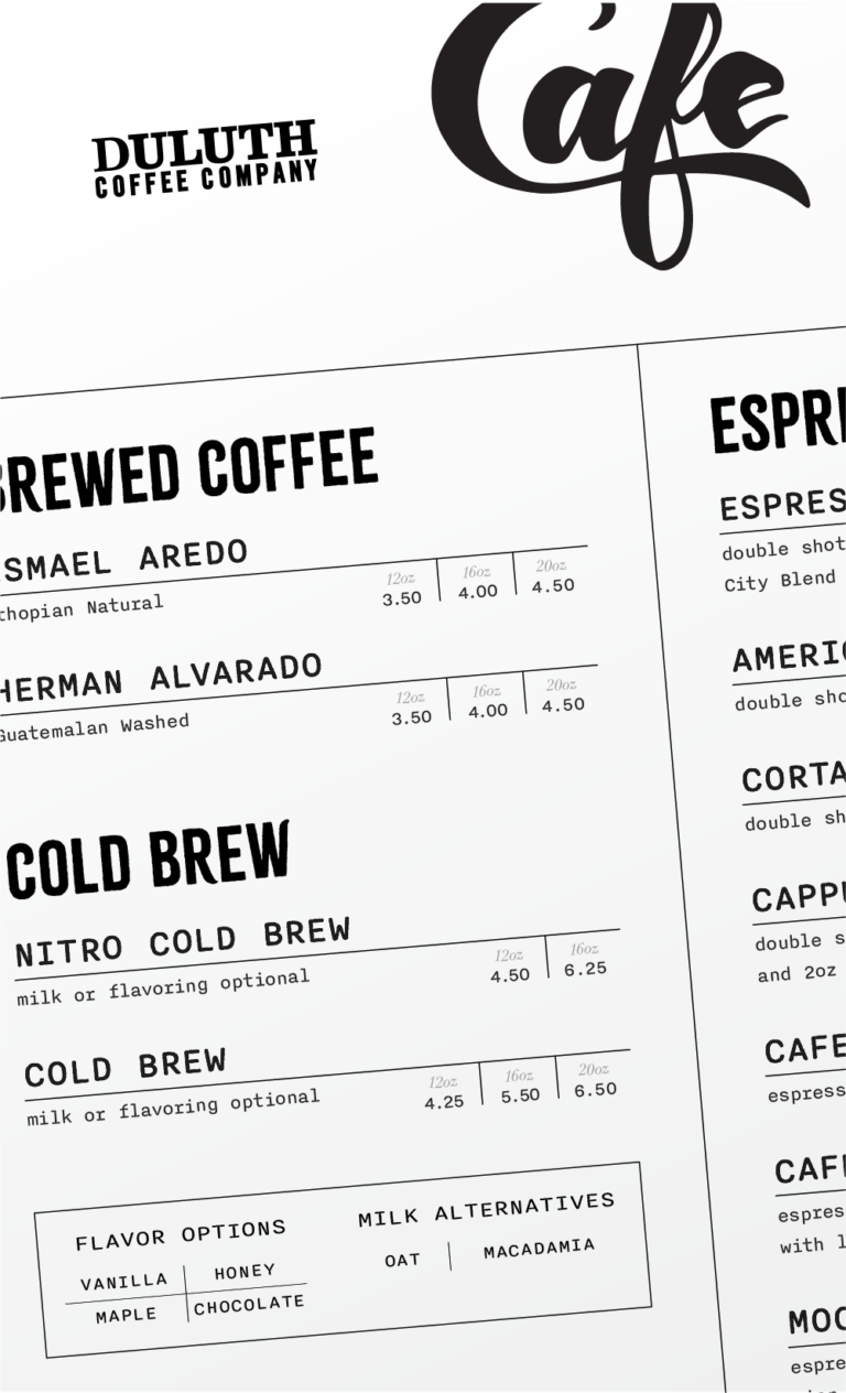 Duluth Coffee Co printed materials cafe menu design, created by Šek Design Studio