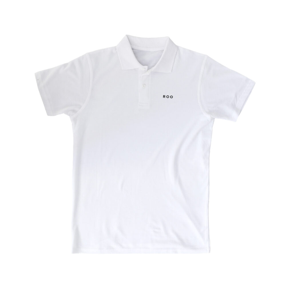 Roobet white branded polo shirt, designed by Šek Design Studio